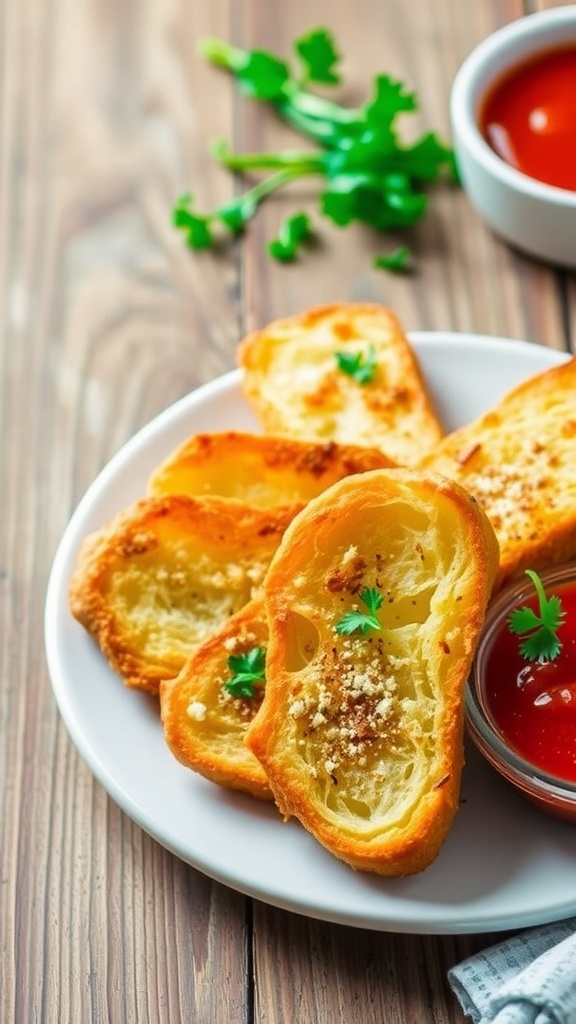 Crispy Air Fryer French Bread Crispy air fryer French bread slices garnished with parsley, served with marinara sauce on a rustic table.